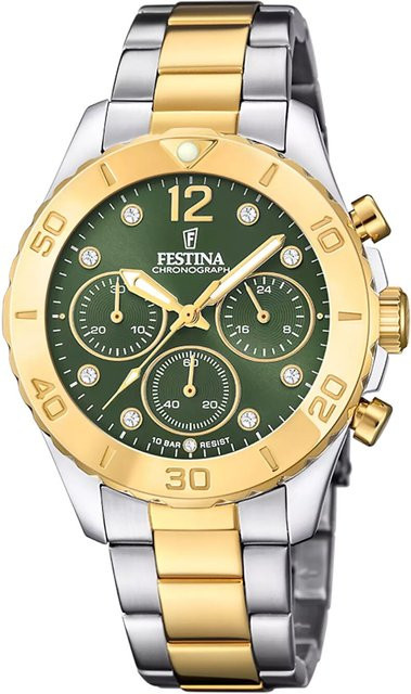 Festina Chronograph Damenuhr, Edelstahl, Grün, Quarz, 39 mm, 10 ATM - Bild 1