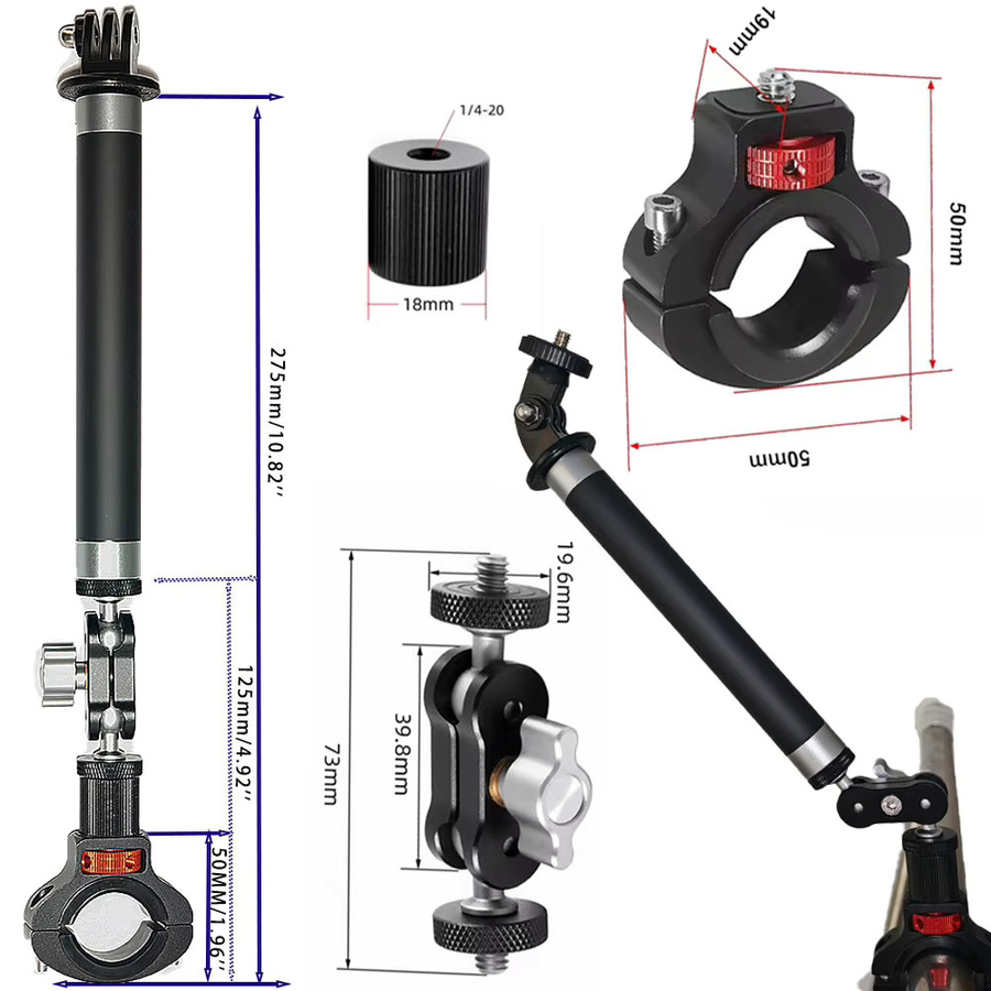 360 Grad Motorrad Kamera Halterung aus Metall für DJI Osmo, GoPro und Insta360, Lenkerhalterung für Motorrad, Bike und Fahrrad, Schwarz - Bild 3
