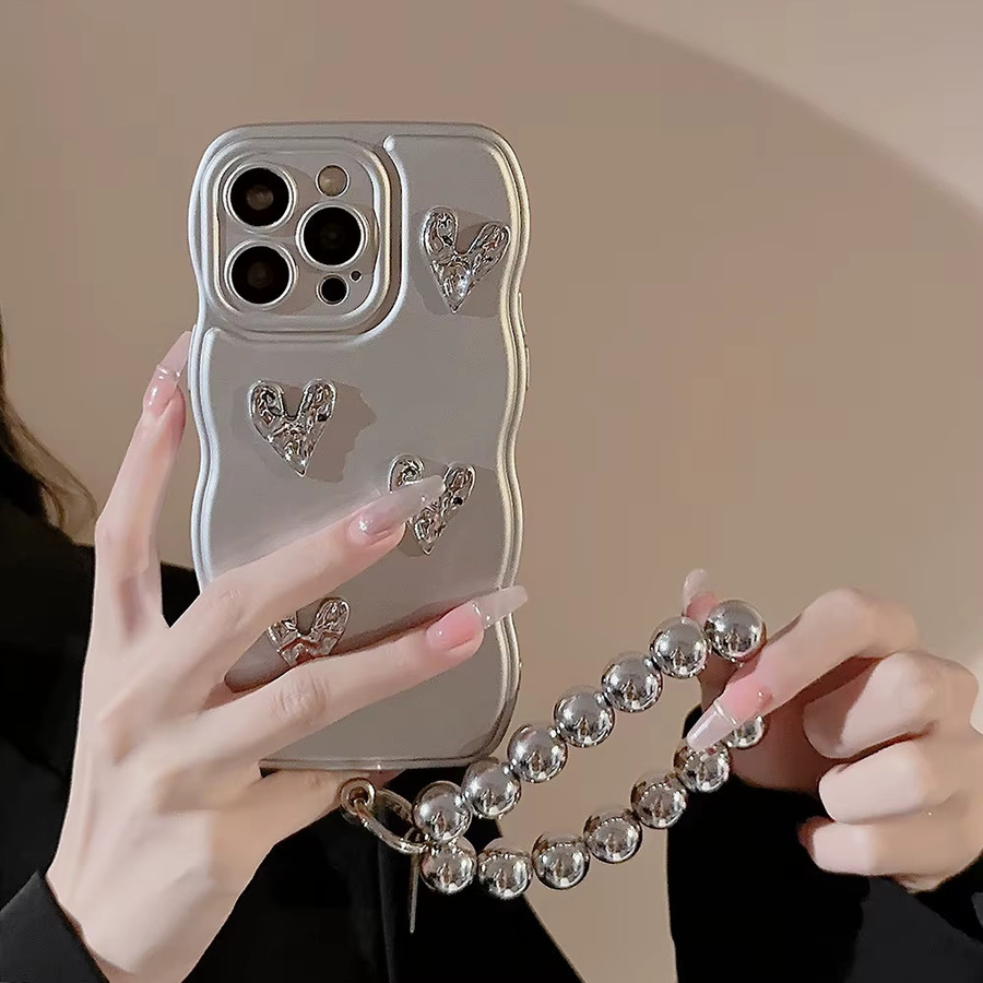 MUQGEW Handyhülle mit 3D-Falten-Liebes-Herz-Design und gewelltem Rand für iPhone 17 16 15 14 13 12 11 Pro Max, stoßfeste Armband-Abdeckung, Farbe: Silber - Bild 4