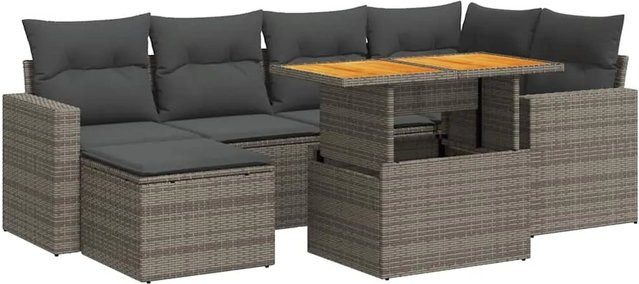 vidaXL 7-teilige Garten-Sofagarnitur aus Poly-Rattan und Akazienholz in Grau mit Kissen - Bild 1