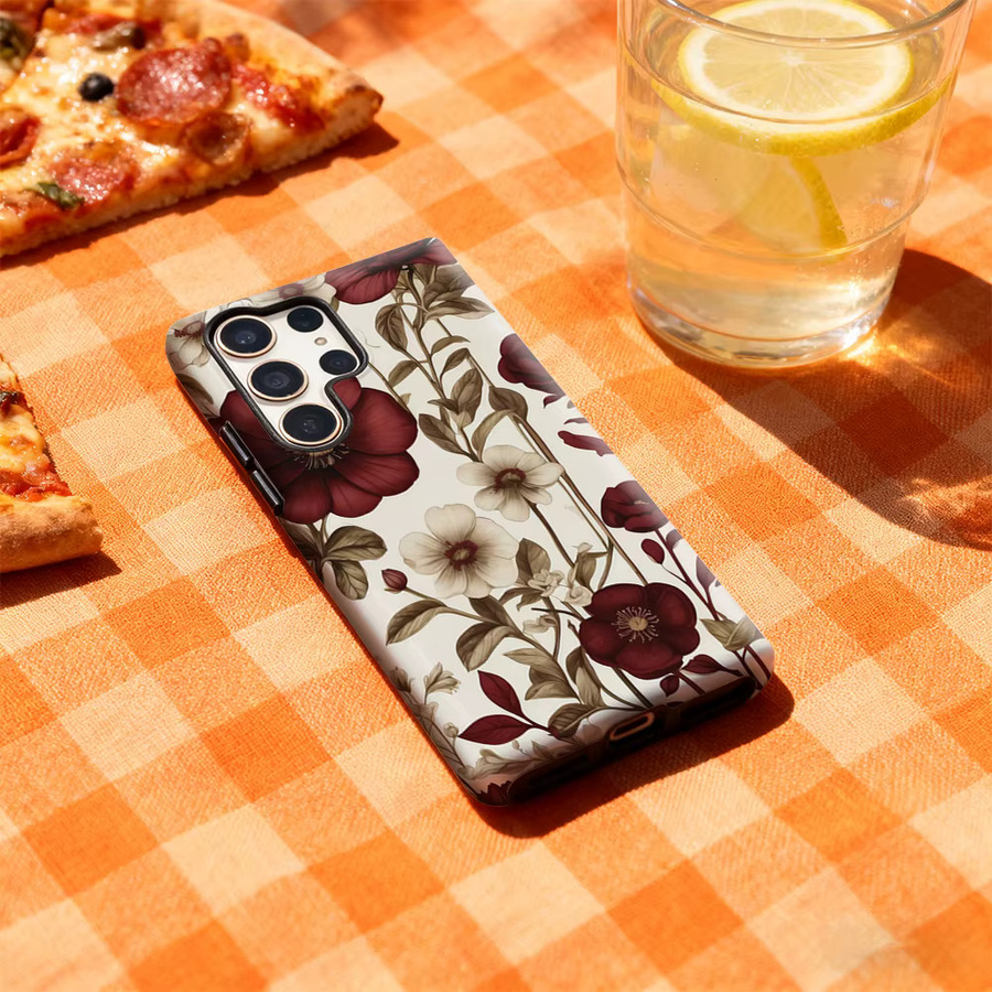 Burgunderrote florale Handyhülle mit glänzender doppellagiger Rückseite für Samsung Galaxy S25 Ultra, S24 und S23 Ultra Plus - Bild 3