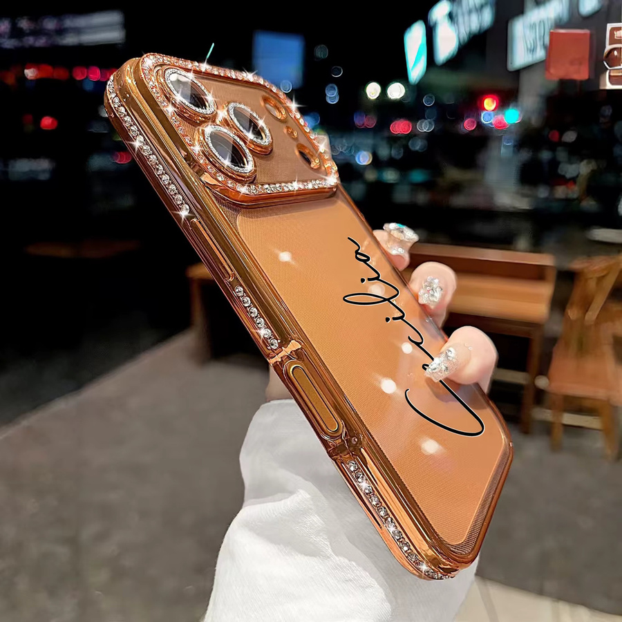 Personalisierte iPhone Handyhülle mit Buchstaben, Namen und Sternen in Orange und Gold mit Strass-Glitzer-Effekt, transparent, passend für Apple iPhone 11 12 13 14 15 16 17 Pro Max Air - Bild 3