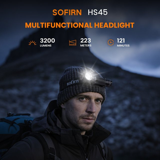 Sofirn HS45 Magnetische Stirnlampe mit Kühlventilator, 3200 Lumen, Wasserdicht, Schwarz, Verstellbar, USB-C aufladbar mit 21700 Akku - Bild 1