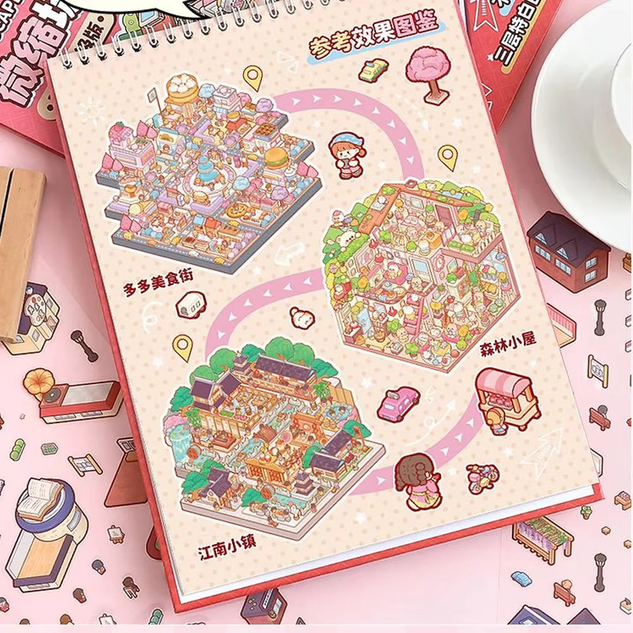 3D Miniatur Szenografie Aufkleber Set mit Cartoon Landschaft und Hütte in Pink und Multicolour aus Papier - Bild 2