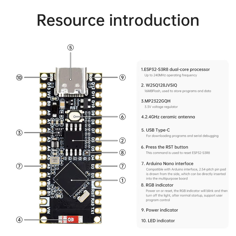 Espressif ESP32-S3 Nano WiFi Bluetooth Entwicklungsboard in Schwarz mit ESP32-S3R8 Modul und Ard IoT Cloud Kompatibilität - Bild 3