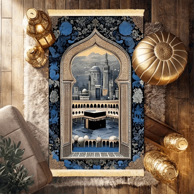 VIKAMA Gebetsteppich mit Kaaba-Muster in Blau, tragbare islamische Salah-Matte mit Quasten im orientalischen Design - Bild 1