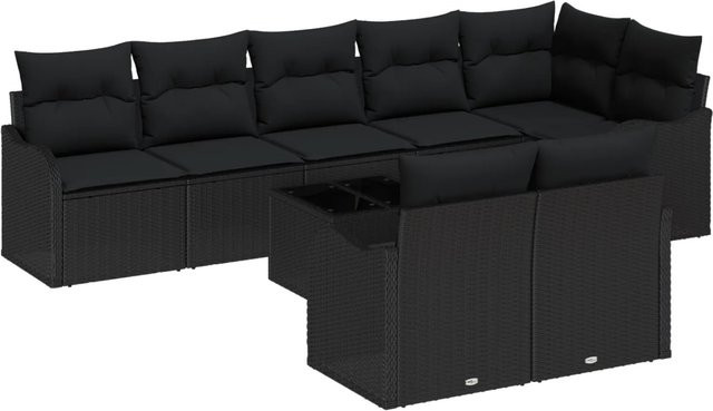 vidaXL Garten-Sofa-Set aus Poly-Rattan in Schwarz, 9-teiliges L-Shape Lounge-Set mit Kissen und Tisch - Bild 1