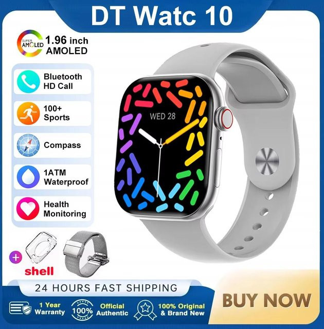 DT Watch 10 Smartwatch mit 16GB Speicher, 3D-Menü, TWS Kopfhörer, Videowiedergabe und NFC in Silber - Bild 1