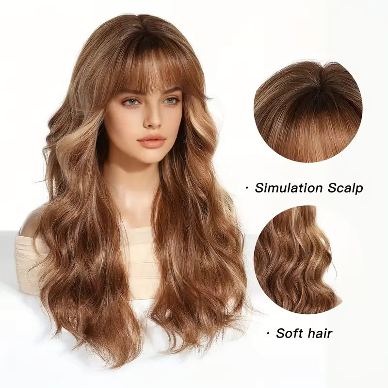 LOUIS FERRE Perücke, braun blonde Highlights, lang gewellt, mit Pony, Damen - Bild 2