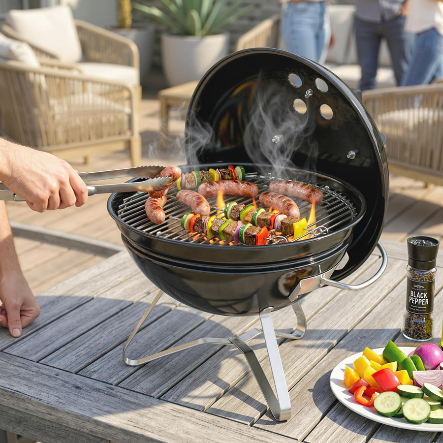 Outsunny Kugelgrill BBQ Smoker aus Edelstahl und emailliertem Stahl in Schwarz, B/H/T: 41 x 44 x 41 cm - Bild 2