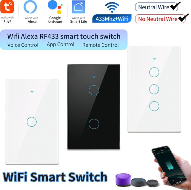 Tuya US WLAN Smart Wandschalter RF433 in Weiß mit Sprachsteuerung für Amazon Alexa und Google Assistant, 1/2/3-fach Lichtschalter ohne Neutralleiter - Bild 1