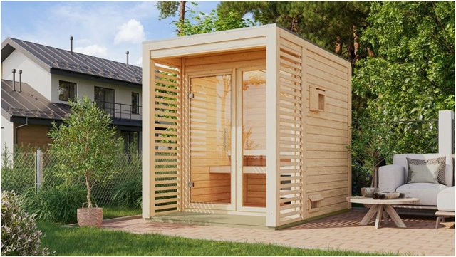 Karibu Saunahaus Angelia Log Cabin aus Fichtenholz mit 9 kW Saunaofen und eingebauter Steuerung naturbelassen Set (Wandstärke: 38 mm) - Bild 1