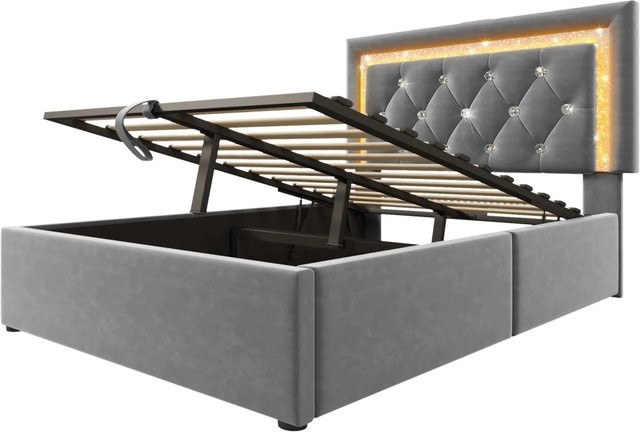 Merax Polsterbett mit LED-Unterbettbeleuchtung und USB-C Ladestation, Grau, B/T/H: 90 x 200 x 101 cm - Bild 1