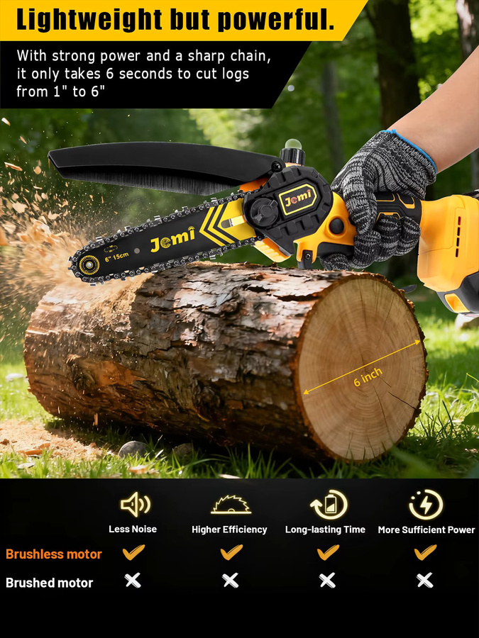 Jemi Tool 6-Zoll-Kettensäge mit automatischem Schmiersystem in Gelb für Holzschnitt, Baumtrimmen und Gartenarbeit - Bild 7