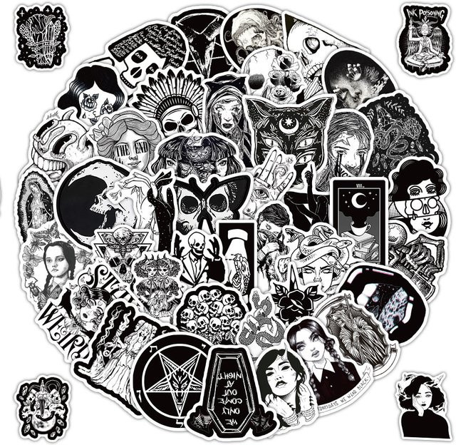 52 Stück Gothic Punk Aufkleber in Schwarz-Weiß von Papery Pop Store für dein DIY Journal und Laptop - Bild 1
