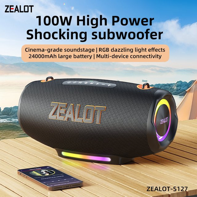 Zealot S127100W Tragbarer kabelloser Subwoofer mit RGB-Licht und 24000-mAh-Akku in Schwarz - Bild 1