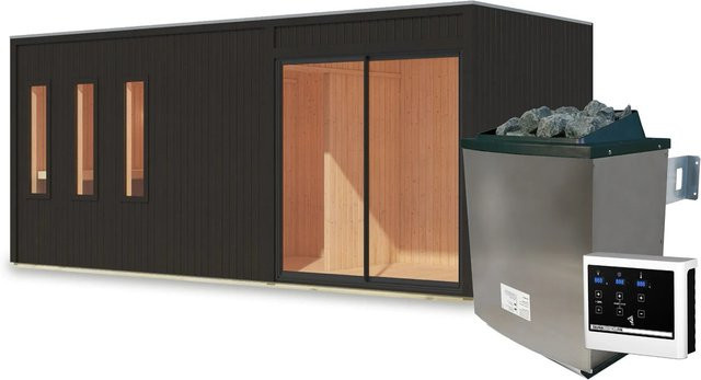 Karibu Saunahaus Huelva mit externem 9 kW Ofen in Schwarz, modernes Design in Elementbauweise - Bild 1