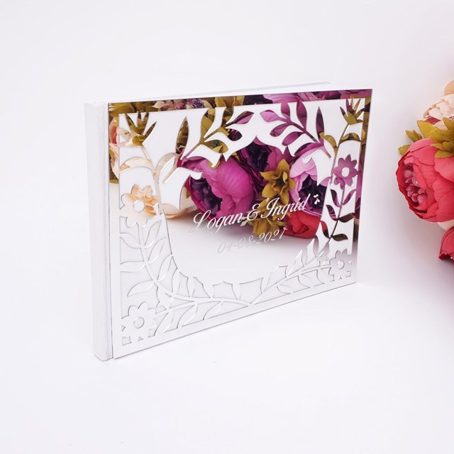 Personalisiertes Hochzeits-Gästebuch aus Acryl mit Blumen-Spiegel-Design in Gold, Hardcover-Signatur-Album mit Namen und Datum, B: 25 cm, H: 18 cm - Bild 1