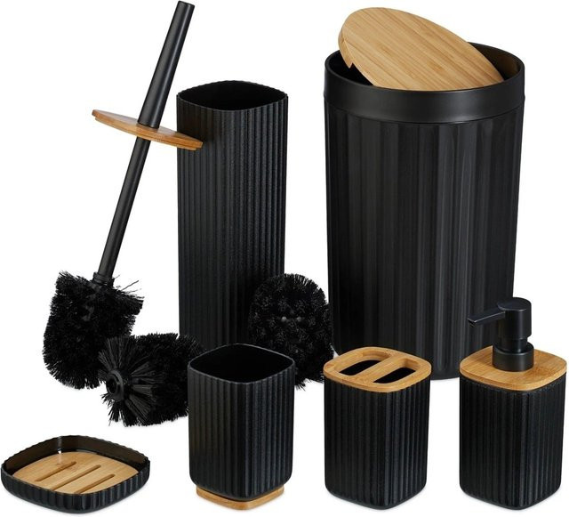 Relaxdays Badezimmer Set aus Kunststoff und Bambus in Schwarz, 6-teilig - Bild 1
