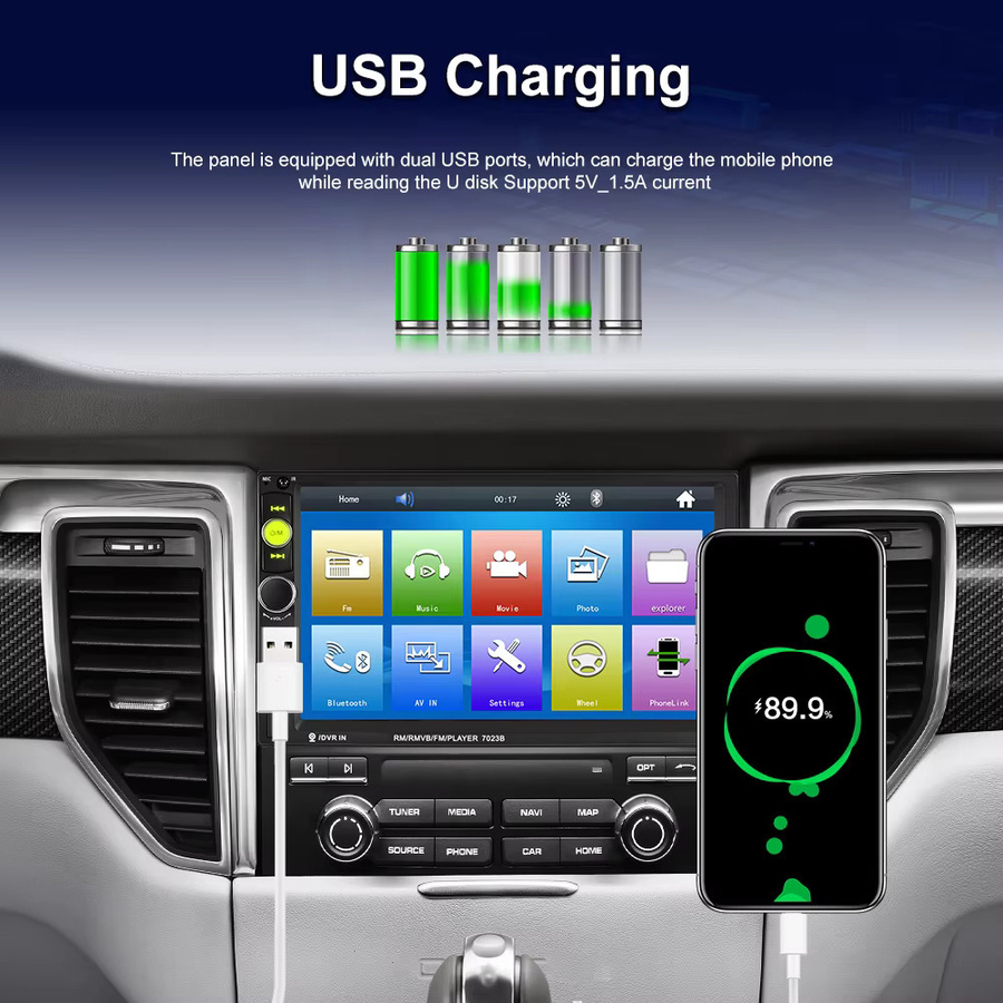 Podofo 2 DIN Auto-MP5-Player mit 7 Zoll Display, 1080P Mirror Link, Bluetooth und farbiger Hintergrundbeleuchtung in Schwarz - Bild 6