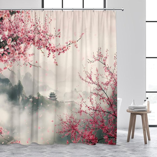 Baifenbai Home Furnishing Duschvorhang Japanische Landschaft mit Kirschblüten und Vögeln, Rosa, B: 200 cm, H: 180 cm - Bild 1
