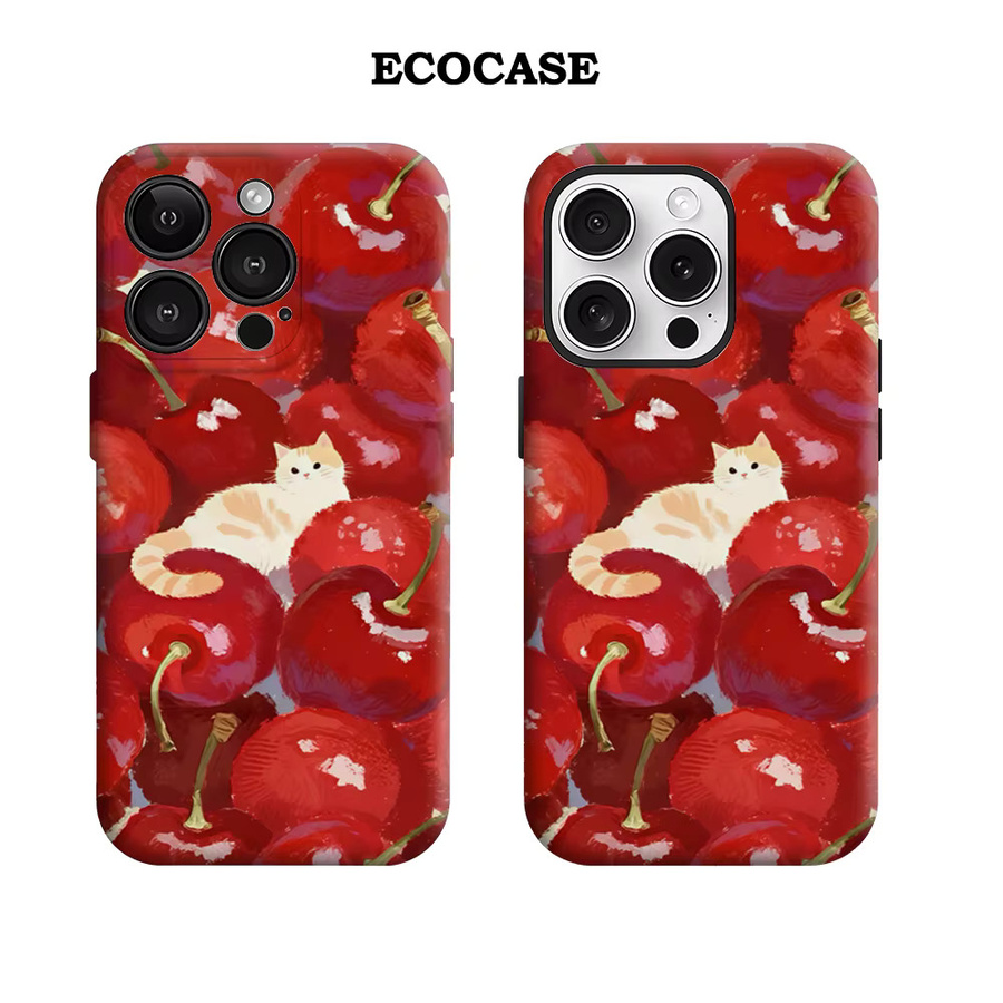 Potdemiel Handyhülle Cherry Cluster & Cream Tabby Cat für iPhone 17 16 15 14 13 Pro Max Plus mit doppelschichtiger Rückseite, Multicolor/Rot - Bild 2