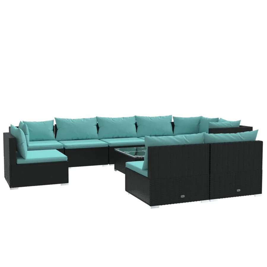 vidaXL 10-tlg. Garten-Lounge-Set in U-Form mit Kissen und Couchtisch, Poly-Rattan und Metall, Schwarz und Blau - Bild 2
