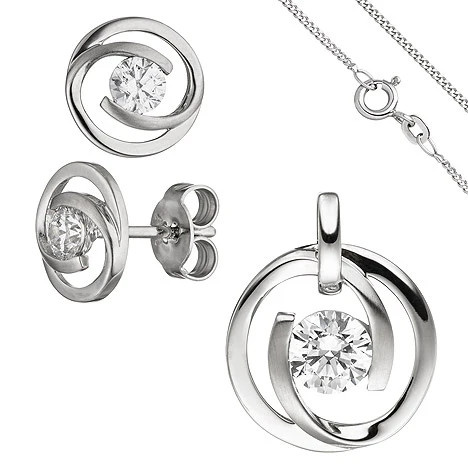 Colfem Schmuck-Set, 333 Weißgold, 3 Zirkonia, Ohrringe, Anhänger, Kette, 45 cm, Unisex - Bild 1