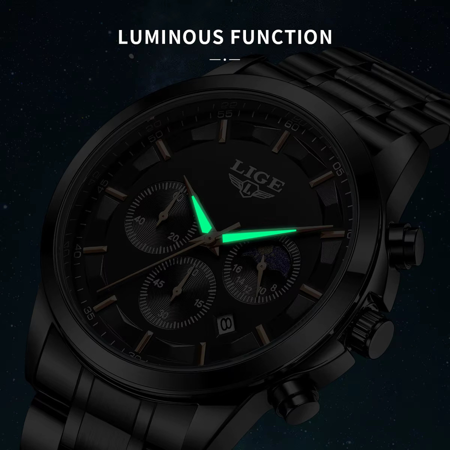LIGE Armbanduhr Chronograph, Quarz, Edelstahl, Schwarz, Herren - Bild 4