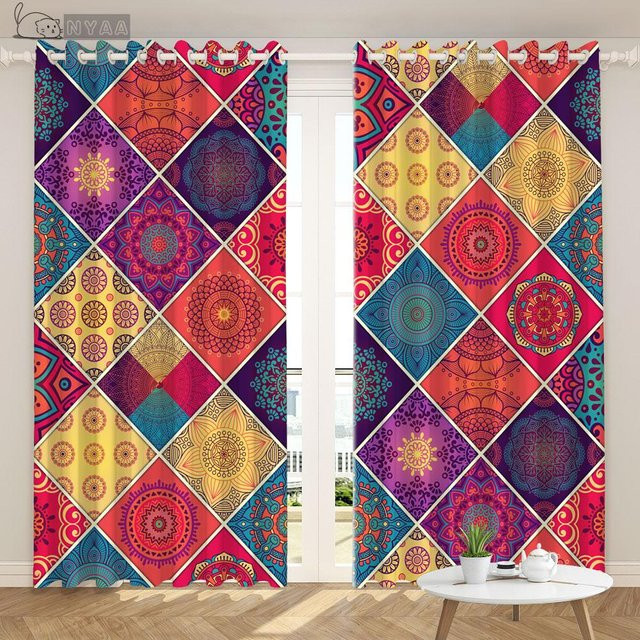 Yiran Furniture Boho Vorhang Set mit ethnischem Vintage-Muster, 2 Stück, halbtransparent, Mehrfarbig, Breite: 70 cm, Höhe: 185 cm - Bild 1