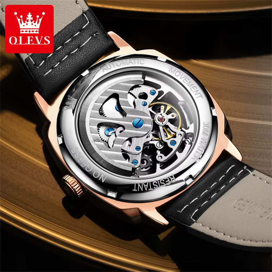 OLEVS Armbanduhr Automatik, Skelett, Schwarz, Leder, Herren - Bild 3