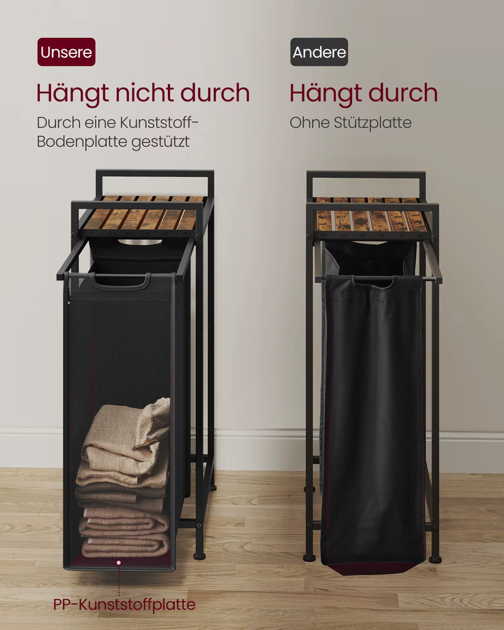 VASAGLE Wäschekorb mit Ablage und herausnehmbarem Wäschesack aus Oxford-Gewebe und Metallrahmen, schwarz-vintagebraun, B/T/H: 42 x 75 x 1 cm - Bild 4
