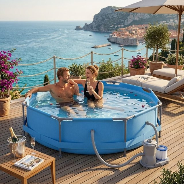 Runder Aufstellpool mit Metallrahmen und Filterpumpe in Blau - Bild 1