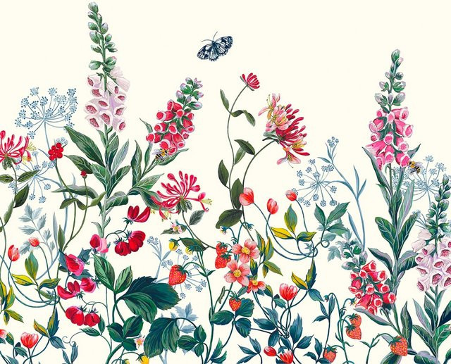 Joules Fototapete Permaculture Garden Crème in Rosa-Grün mit floralem Design, Breite: 300 cm, Höhe: 280 cm - Bild 1