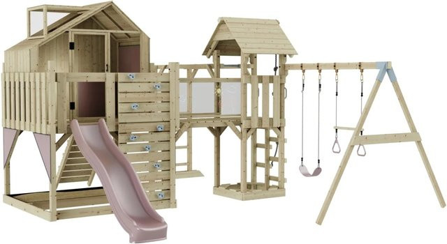 OutdoorToys Spielturm Knut mit Trapezschaukel in Pink aus Holz und Stahl - Bild 1