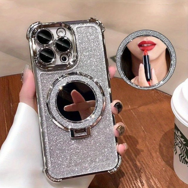Gusakov Glitzer-Farbverlauf-Handyhülle für iPhone 11 bis 16 Pro Max Plus, Magnetisch mit Spiegel und Anti-Fall-Schutz, Farbe: Mehrfarbig/Pink - Bild 1