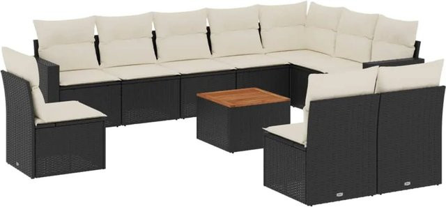 vidaXL 11-tlg Garten-Sofagarnitur aus Poly-Rattan und Akazienholz in Schwarz und Braun mit Kissen - Bild 1