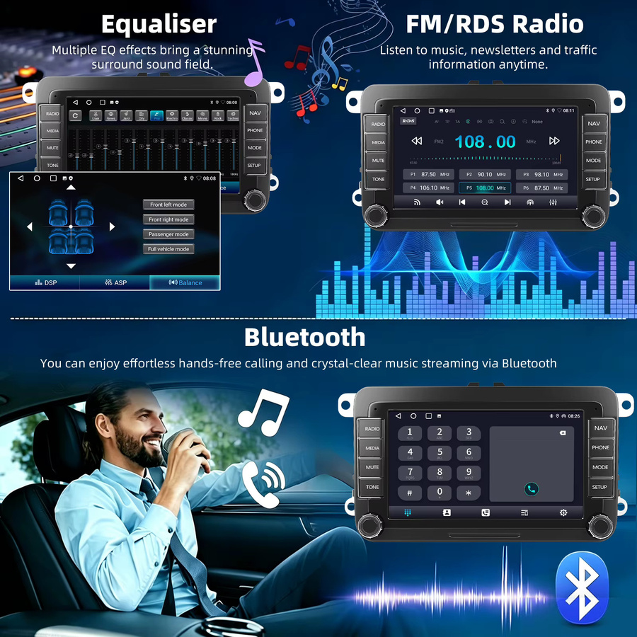 ESSGOO Android 15 Multimedia-Autoradio mit 7 Zoll Display, 4GB RAM, 64GB Speicher, Wireless Carplay, GPS, Bluetooth, WiFi und RDS FM für Volkswagen VW Golf 5 6 Passat Polo 6R Tourigan Tiguan Caddy EOS Jetta Seat Skoda, Schwarz - Bild 5