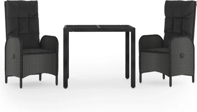 vidaXL 3-tlg Garten-Essgruppe aus Poly-Rattan in Schwarz mit Kissen und Hartglas-Tischplatte - Bild 1