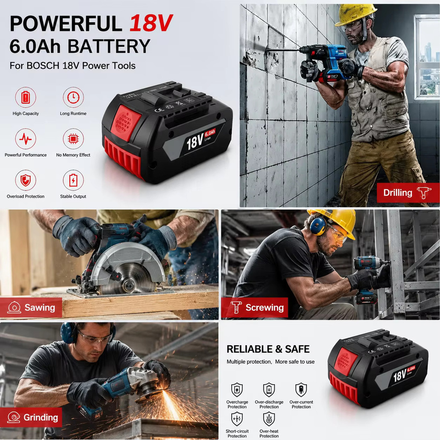 Bosch 18V 6.0 Ah Lithium-Ionen Akku, kompatibel mit Bosch Professional BAT609 BAT609G BAT618 BAT618G, Schwarz - Bild 2
