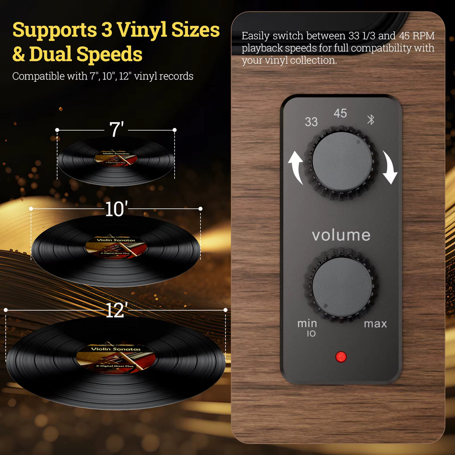 XJ-HOME XJ-H02 Vinyl-Plattenspieler in Braun mit Bluetooth und 4 integrierten Stereo-Lautsprechern sowie RCA Line Out und AUX In - Bild 2