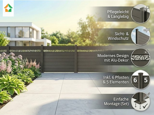 Prestige Home Living Outdoor WPC-Sichtschutzzaun Valla in Grau mit 5 Elementen und 6 Pfosten, Höhe: 130 cm - Bild 1