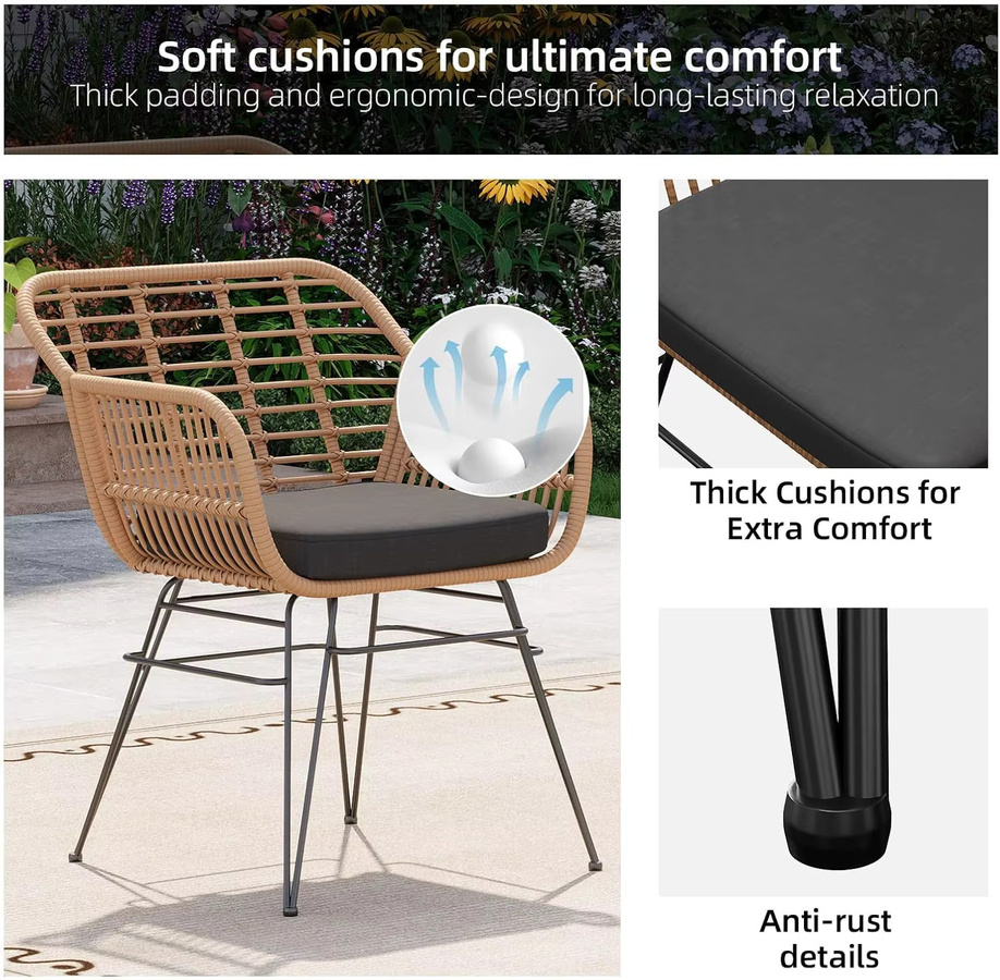 HiMISS 3-teiliges Rattan-Bistro-Set mit Tisch und Glasplatte sowie 2 gepolsterten Sesseln in Gelb und Schwarz - Bild 3