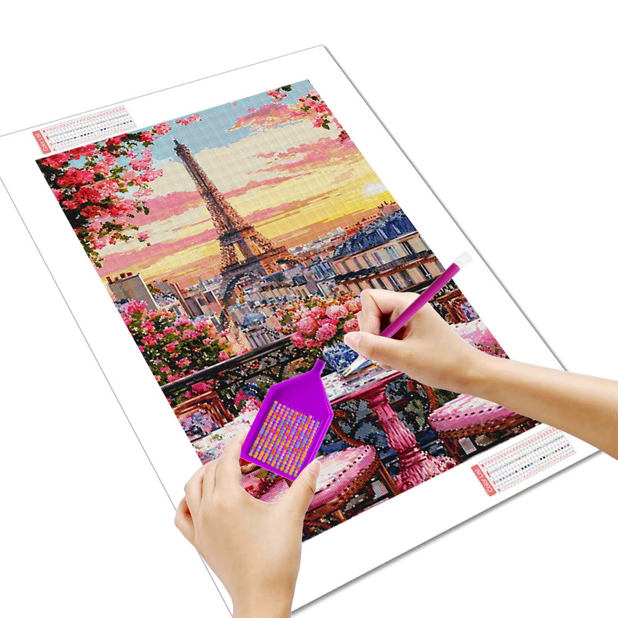 Huacan DIY Diamantmalerei Set Sonnenuntergang Landschaft mit Blumen und Gebäuden, Mosaik-Malset für Erwachsene, Mehrfarbig, B: 30,0 cm, H: 20,0 cm - Bild 2