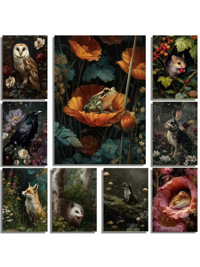 Potdemiel Kunstposter Dunkler Wald mit Blumen und Wildtieren als Leinwanddruck im klassischen Stil, Mehrfarbig - Bild 3