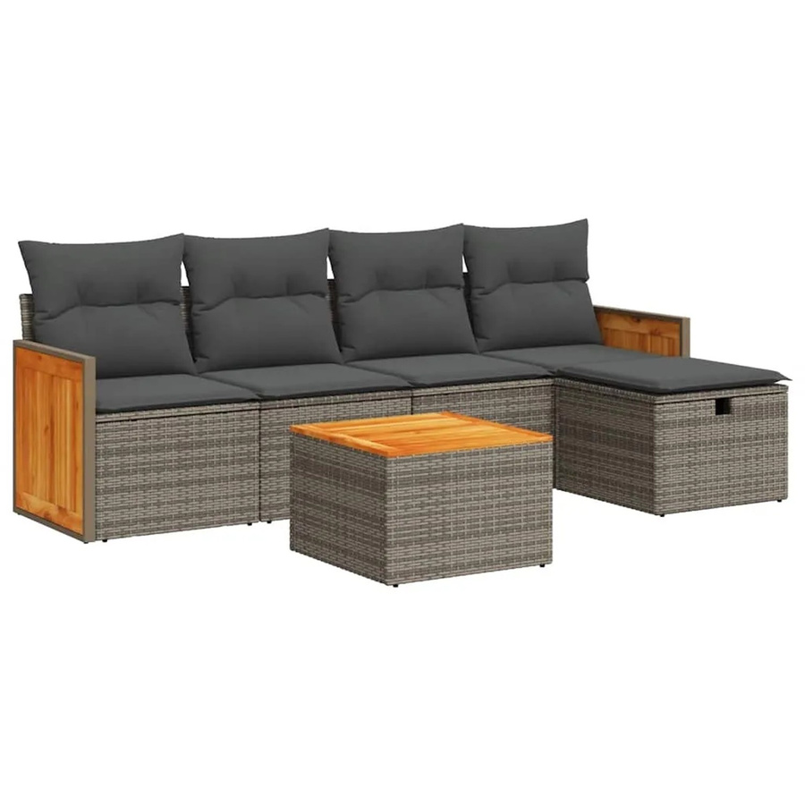 vidaXL 6-teilige Garten-Sofagarnitur in L-Form aus Poly Rattan mit Kissen und Tisch in Grau - Bild 2