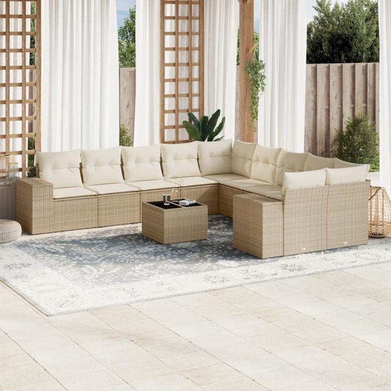 Vidaxl 11-teiliges Gartenmöbel-Set aus Polyrattan mit Kissen in Beige - Bild 1