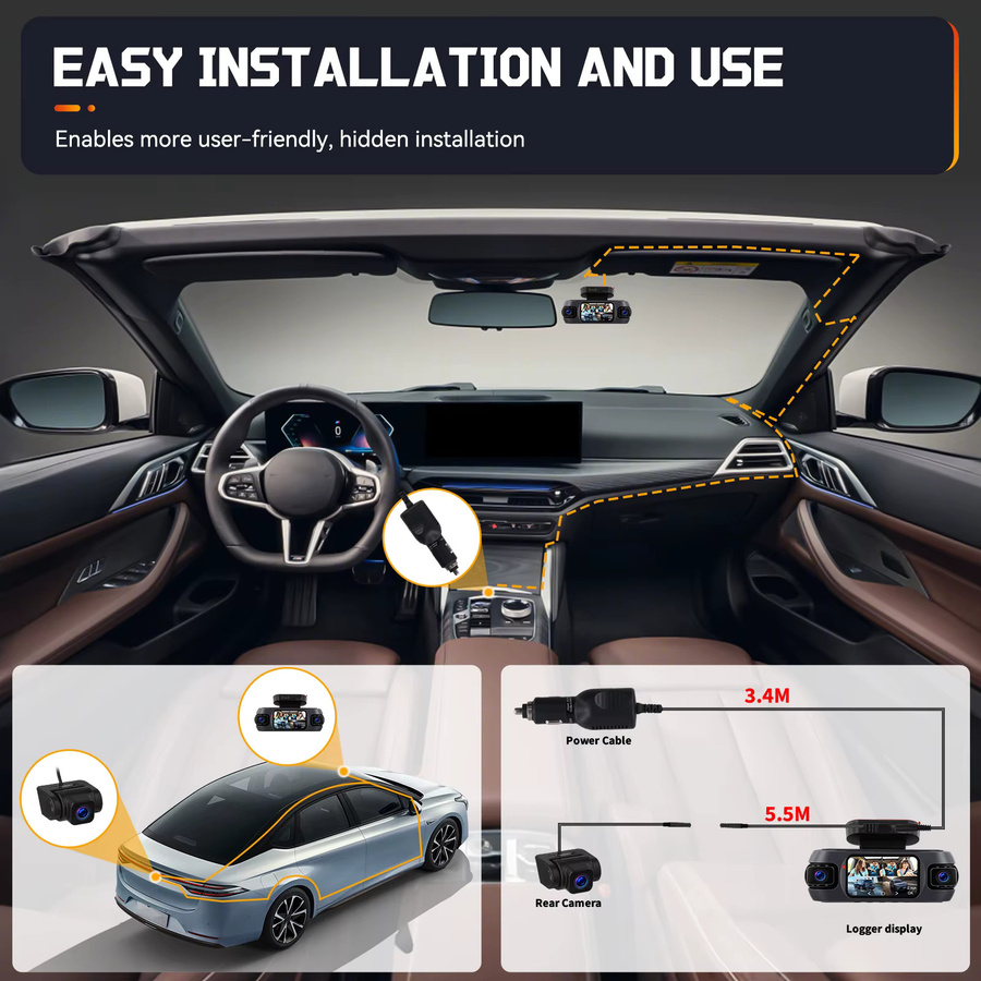 Podofo 4-Kanal Auto-Dashcam mit 1080P Full HD, 360-Grad Aufnahmen und Nachtsicht, 4-Kamera-System als Auto-Blackbox inklusive Front-, Seiten- und Rückfahrkamera, Schwarz - Bild 2