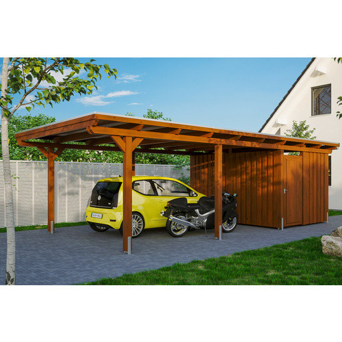 Skan Holz Carport Emsland mit EPDM Dachbahn und Abstellraum in Nussbaum Braun, B/T: 404 x 846 cm, Firsthöhe: 242 cm - Bild 6