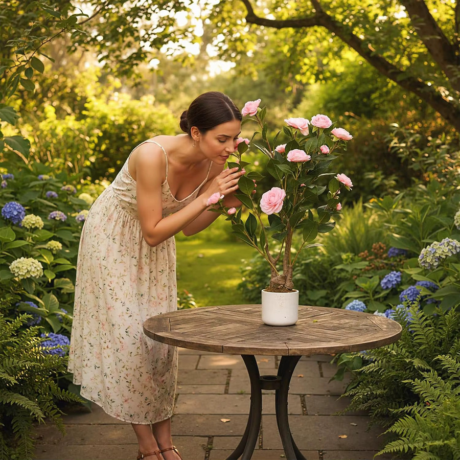 Garvee Künstliche Kamelie in Pink mit 16 Blüten im Topf, Dekorative Kunstpflanze für Innen und Außen, Höhe: 75 cm - Bild 6